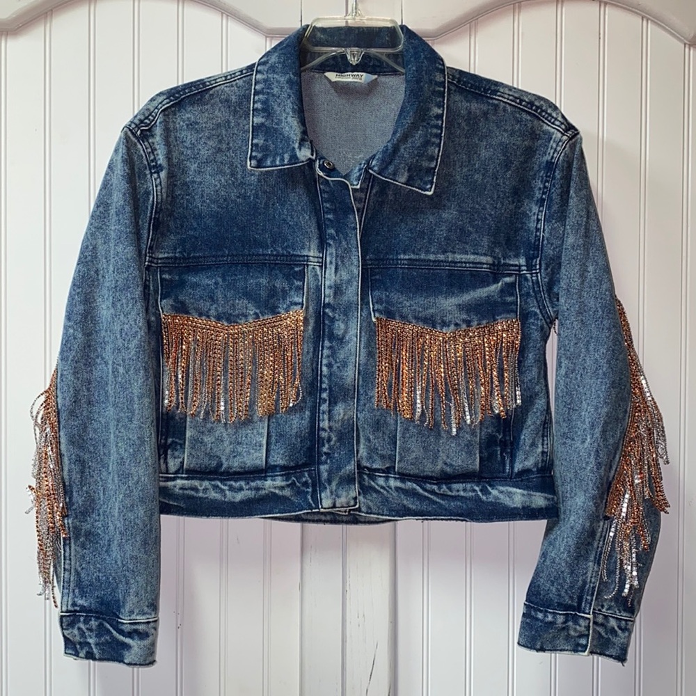 Highway Jeans Blue Jean Jacket with Gold Fringe